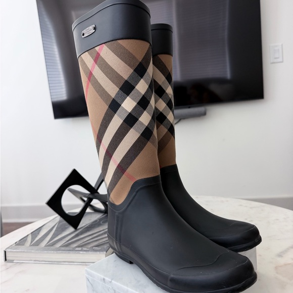 Burberry Shoes - Burberry Black and Haymarket Plaid Tall Rain Boots
